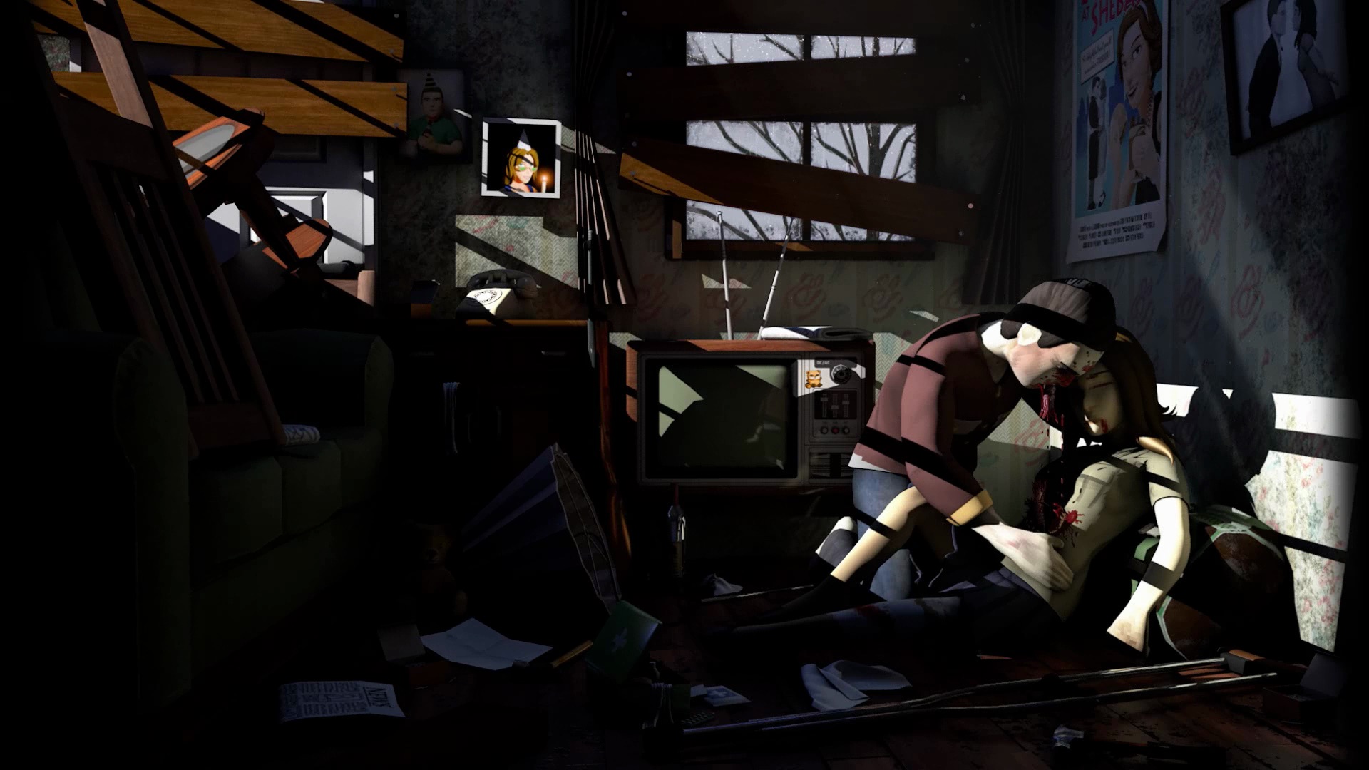 Light through a boarded window shows a zombie attacking a girl on the floor of a ruined living room.